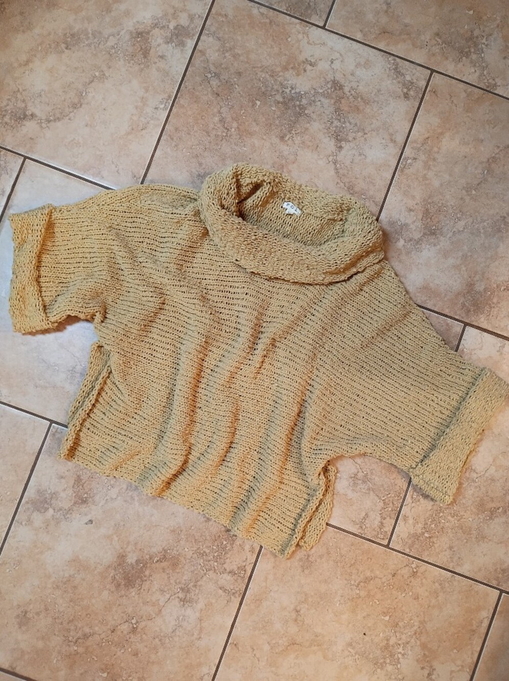 POL Short-Sleeve Cowl Sweater in Mustard Yellow